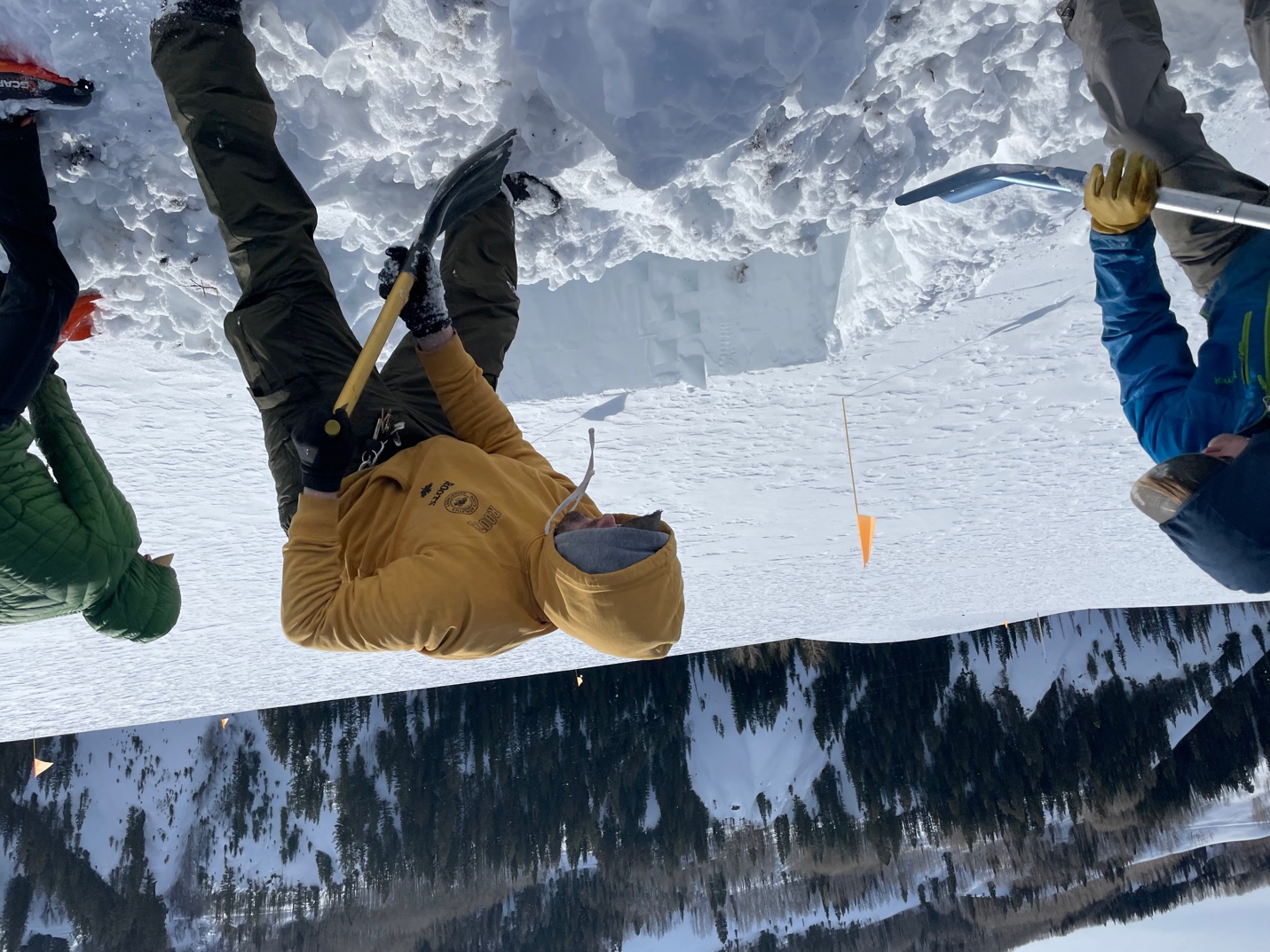 Personnel from the SAIL and Sublimation of Snow (SOS) campaigns fill in a snow pit at Kettle Ponds (SAIL S3 site and SOS main site) in March 2023.