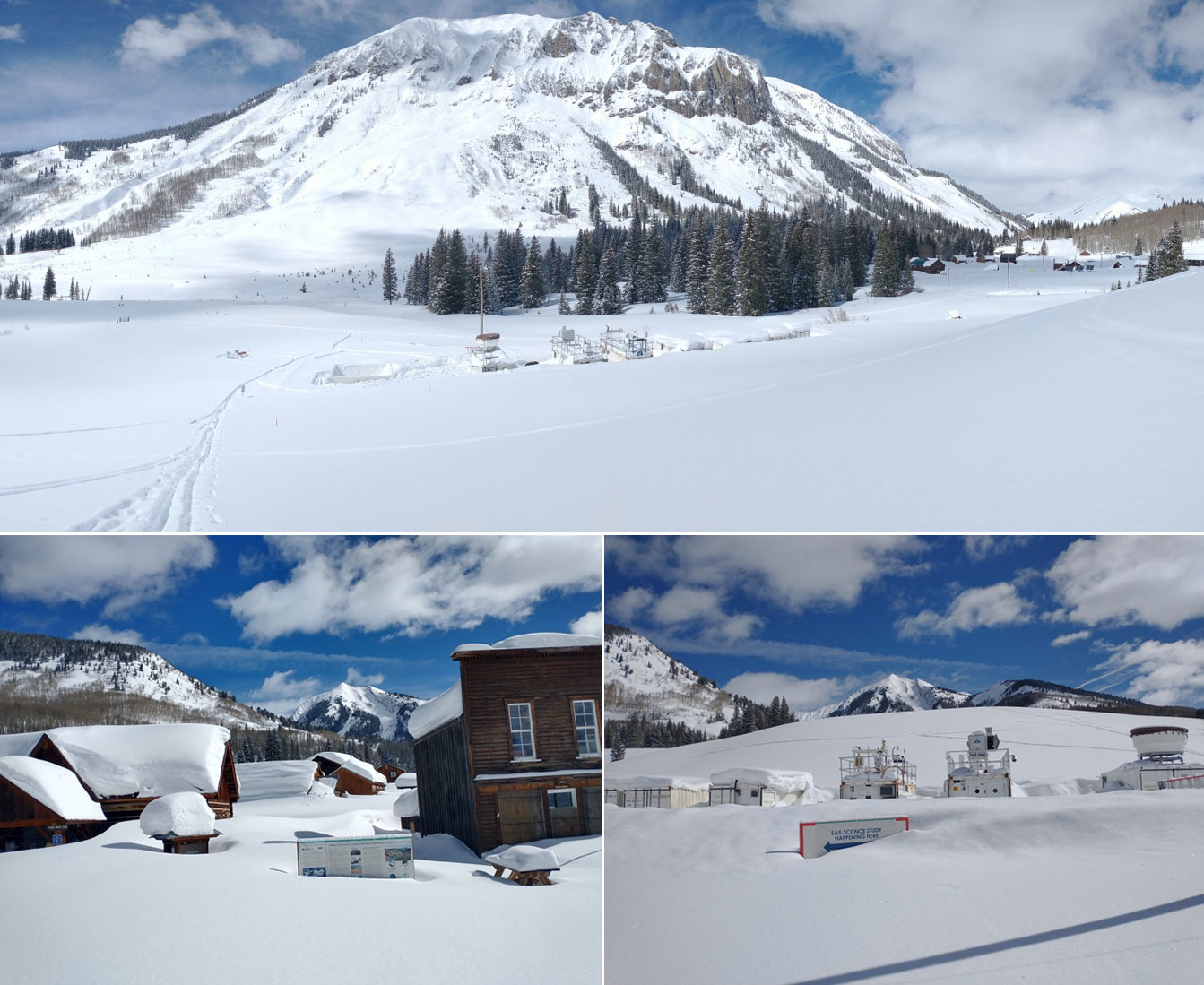 Three pictures show different wintery views of the SAIL main site and Rocky Mountain Biological Laboratory