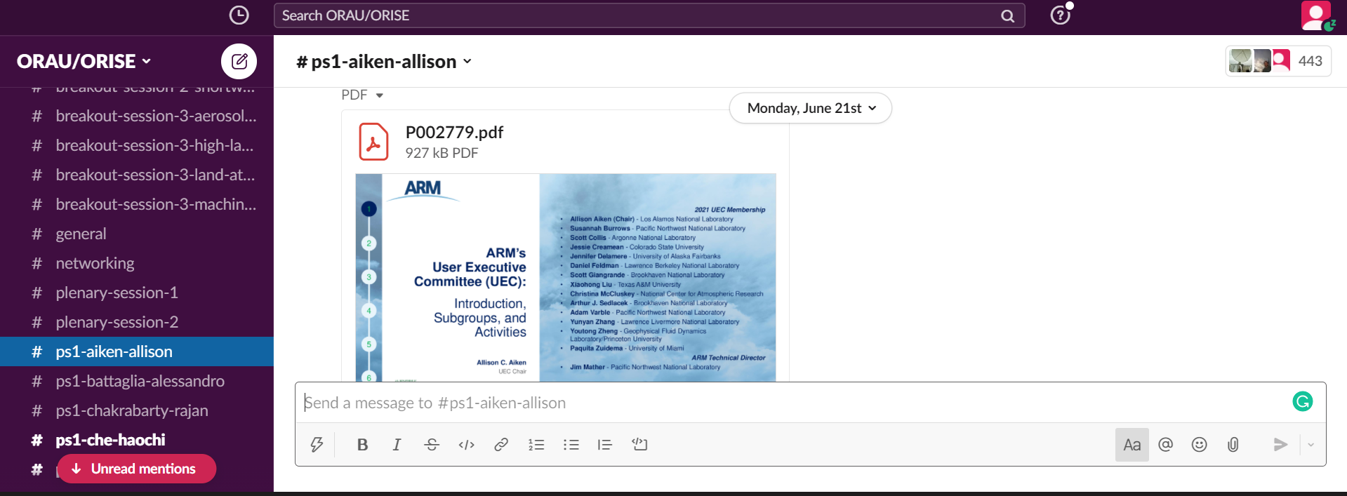 A picture of a virtual Slack channel for a joint meeting poster session