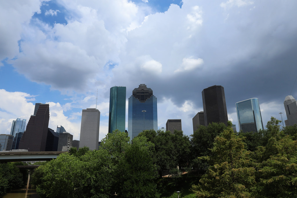 Clouds float over the Houston skyline.
