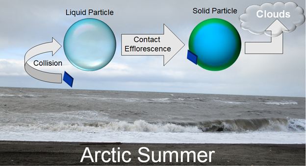 This graphic shows collision, a liquid particle, contact efflorescence, a solid particle, and clouds.