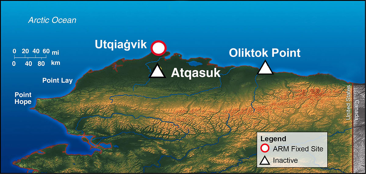 This map points out ARM's current site at Utqiagvik and past sites at Atqasuk and Oliktok Point. In addition, the map shows the Arctic Ocean to the north, Point Lay and Point Hope to the west, and the United States-Canada border to the east.