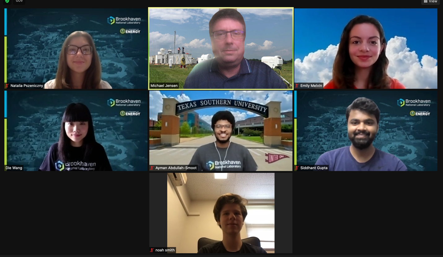 Seven people appear on camera for a remote meeting on Zoom.