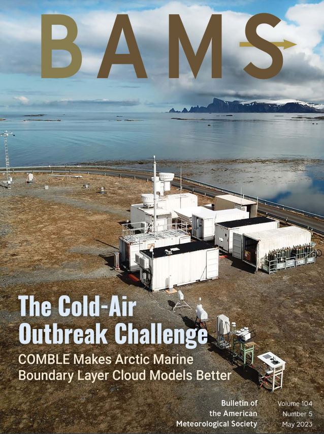 An aerial shot of the ARM Mobile Facility used during the COMBLE campaign next to the Norwegian Sea. Rocky, snow-capped cliffs are visible to the right in the distance. The text of the cover says, "The Cold-Air Outbreak Challenge: COMBLE Makes Arctic Marine Boundary Layer Cloud Models Better."