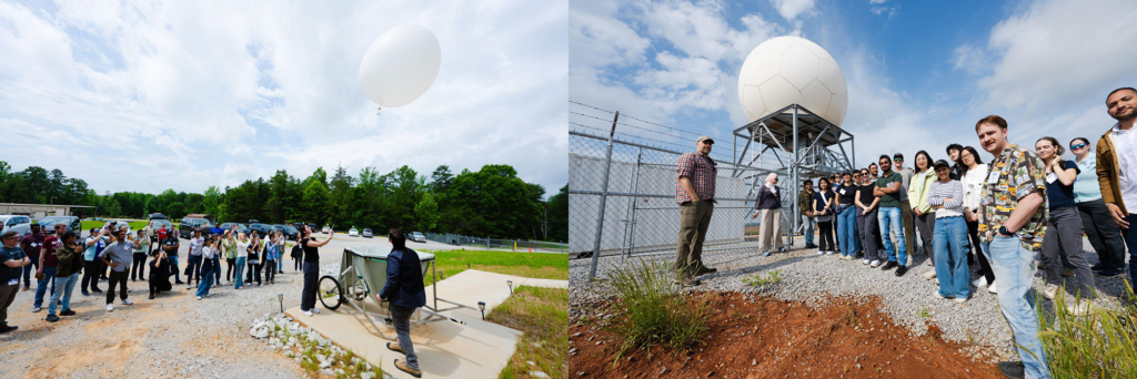 The left photo shows a group gathered to watch a balloon launch in a forest clearing. The right photo shows a group of people standing next to the C-Band Scanning ARM Precipitation Radar.