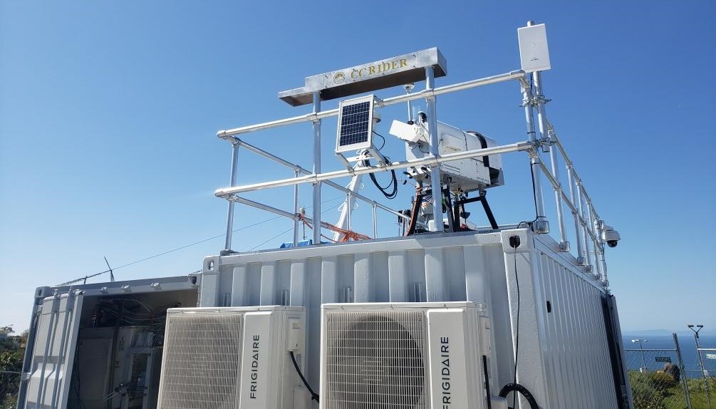 A close-up look at the CC-Rider instrument suite on top of a shipping container on Mount Soledad in La Jolla, California