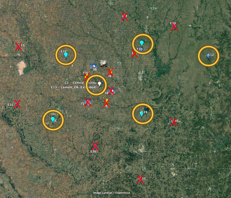 Landsat/Copernicus map shows circles around E12, E13, E32, E33, E37, and E39. The extended and intermediate facilities that will cease operations are crossed out. The I6 and I7 radar sites are not crossed out because ARM is keeping those sites.