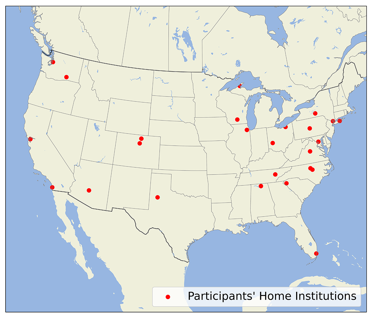 A map of the lower 48 states contains dots that point out the locations of the summer school participants' home institutions. The states are Washington, California, Arizona, Colorado, Texas, Wisconsin, Michigan, Illinois, Alabama, Ohio, Tennessee, New York, Pennsylvania, Maryland, Virginia, North Carolina, South Carolina, and Florida.