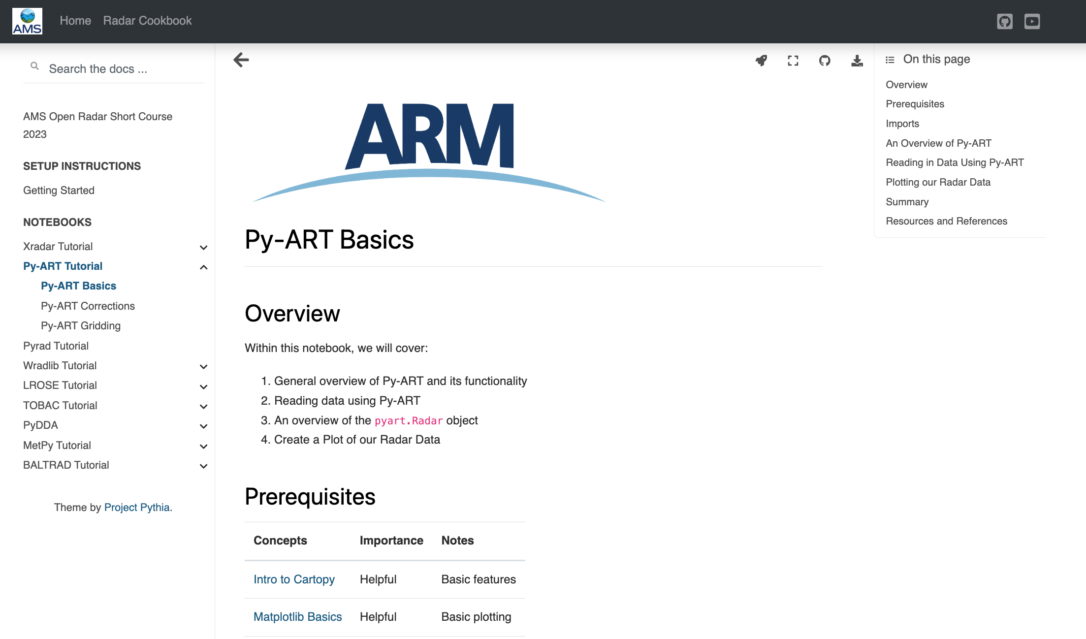 A screenshot shows the top of ARM's Py-ART Basics page, including an overview of what will be covered in the notebook.