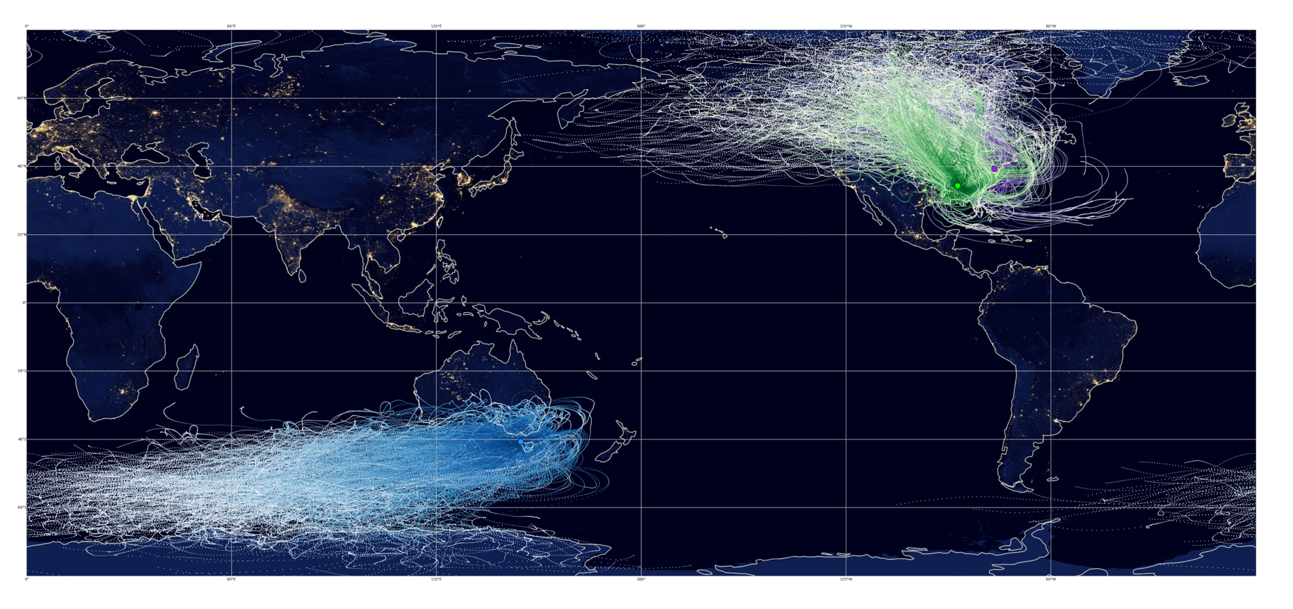 Lines show back trajectory ensemble means for ARM Mobile Facility deployments in Alabama (green), Tasmania (blue), and Maryland (purple).